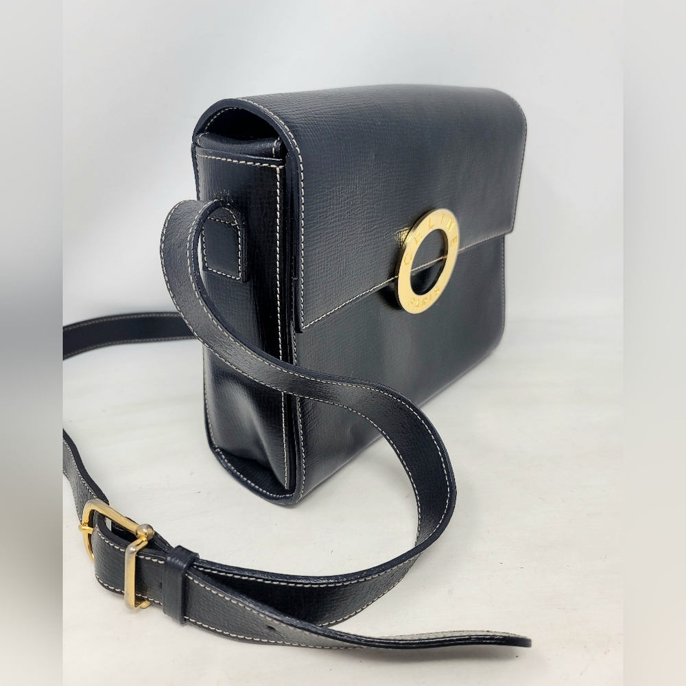 Vintage Celine Gold Ring Box Black Leather Small Crossbody Hand Bag Authentic - Picture 3 of 14